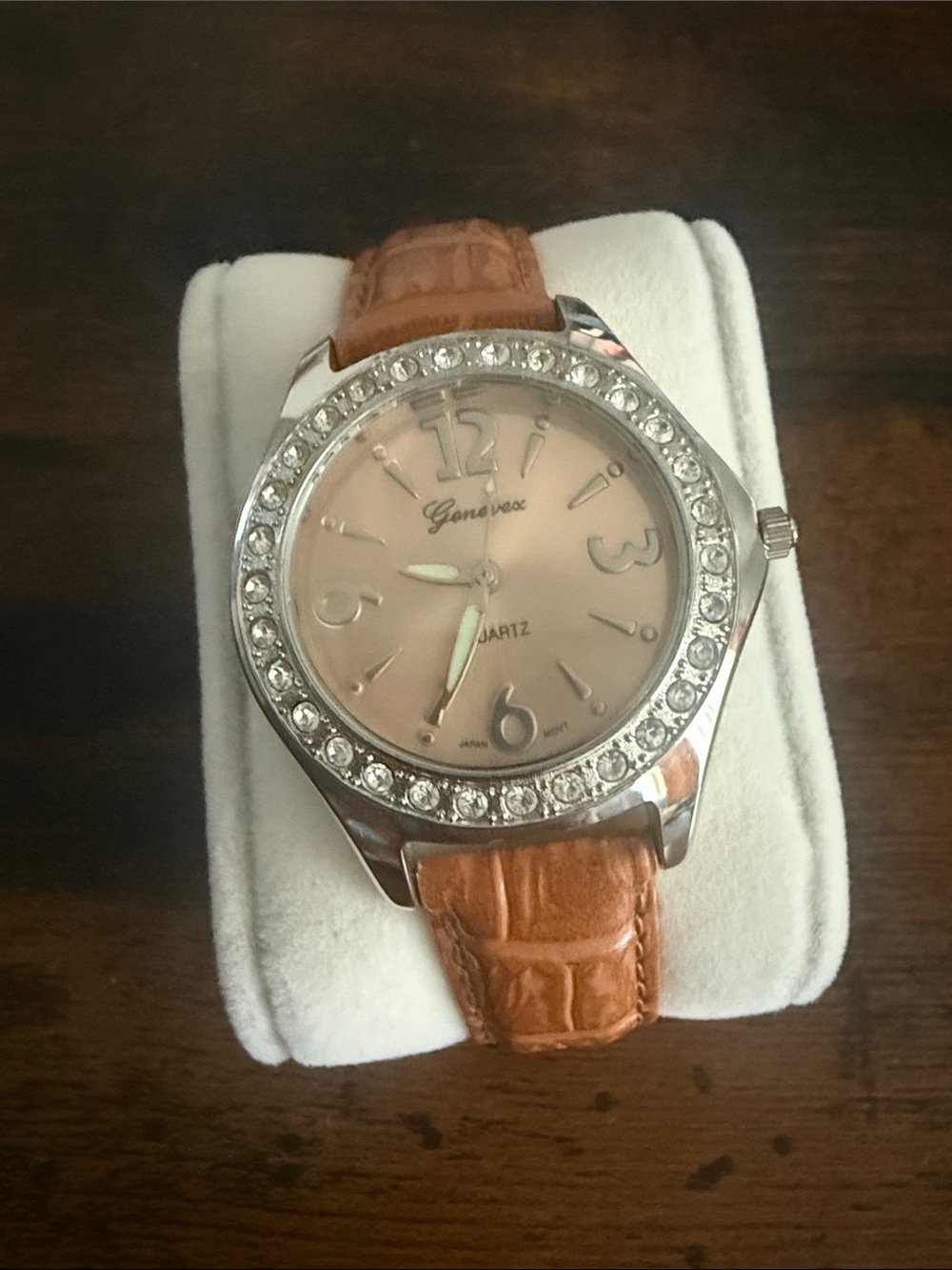Geneva Silver Crystal Bezel Watch with Pink Dial and Brown Strap